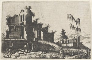Landschap met begroeide ruïnes en reizigers door Lambertus Suavius