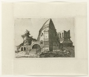 Ruïne met piramidevormige toren Ruinarum variarum fabricarum delineationes pictoribus caeterisque id genus artificibus multum utiles (serie titel) door Lambertus Suavius