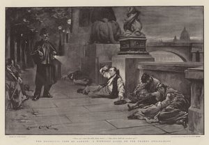 De daklozen armen van Londen, een middernachtscène op de Thames Embankment