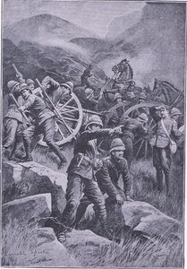 Een kanon omvergeworpen op een heuvel, uit After Pretoria: The Guerilla War gepubliceerd door Harmsworth Bros Limited, 1901 door Lancelot Speed