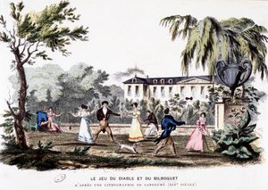 Oude spellen: Het spel van de duivel (diabolo) en de bilboquet, gebaseerd op een lithografie van Langlumé