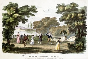 Oude spelen: het spel van racket en shuttle, voorloper van badminton, gebaseerd op een lithografie van Langlumé 19e eeuw door Langlume Langlume