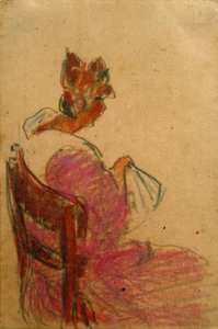 Zittende vrouw op stoel, van rechts