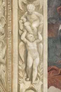 Putti, decoraties rond de ramen (fresco) door Lattanzio Gambara