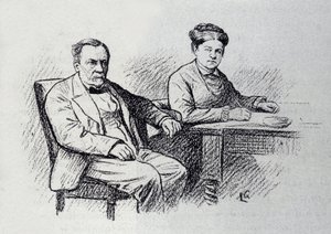 Portret van Louis Pasteur, Franse chemicus en natuurkundige die een relatie dicteert aan zijn vrouw Marie Laurent. Schets door Lucien Laurent-Gsell. door Laurent Lucien Gsell