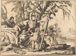 Heilige Familie met Engelen en het Kruis, Verpletterend een Slang door Laurent de la Hyre