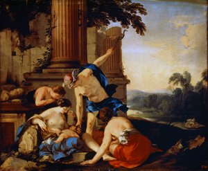 Mercurius geeft het kind Bacchus aan de nimfen van Nysa door Laurent de la Hyre