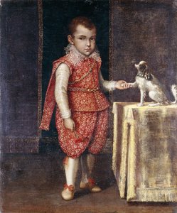 Portret van een jongen, in volledige lengte, gekleed in een rood kostuum met zilveren borduursels, die de poot van een spaniël op een tafel vasthoudt