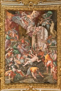 Genua, Duomo (Sint-Laurenskathedraal), binnen, het presbyteriumgewelf: "Het martelaarschap van Sint-Laurens"