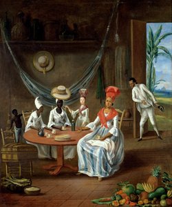 Een mulattovrouw met haar witte dochter bezocht door zwarte vrouwen in hun huis in Martinique, 1775