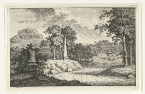 Heuvelachtig landschap met obelisk langs de weg door Leendert Brasser