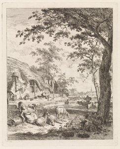 Herderin met schapen voor een boerderij Landschappen met figuren (serie)