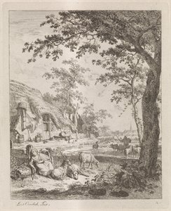 Herderin met schapen voor een boerderij Landschappen met figuren