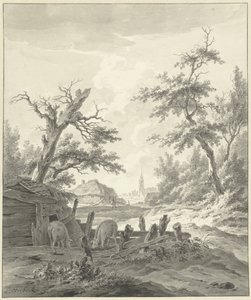 Landschap met op de voorgrond een varkenskot door Leendert Overbeek