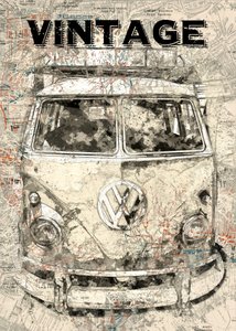 Reiskaart met vintage bussen door Lembayung senja studio [Vintage Poster]