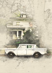 Schets van een oldtimer en een oud huis