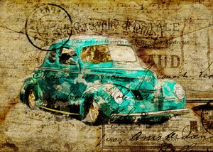 Vintage ansichtkaart met een auto in blauwgroen