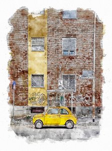 Gele klassieke stadsauto door Lembayung senja studio [Vintage Poster]