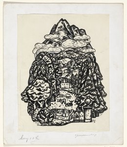 Berglandschap met bomen en vee