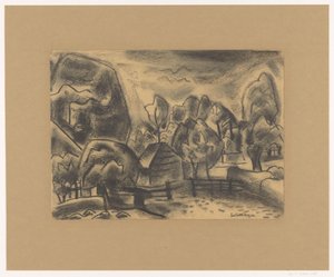Landschap met boerderij tussen bomen