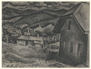 Landschap met vrouw met kind voor een huis
