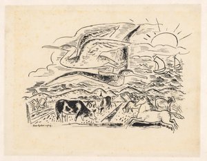 Twee vogels vliegen over een landschap met vee door Leo Gestel (signed by artist)