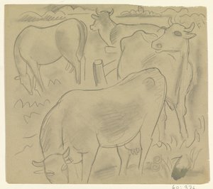 Drie koeien en een paard in de wei door Leo Gestel