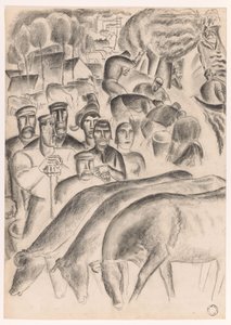 Grazende koeien, boeren en arbeiders op het land door Leo Gestel