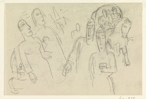 Mensen op straat en een paard met wagen door Leo Gestel
