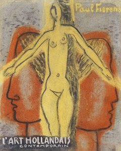Naakte Vrouw Tussen Twee Van Elkaar Weg Kijkende Mannen Hoofden (1933) By Leo Gestel. door Leo Gestel