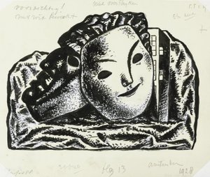 Twee maskers voor gebouw en rotsen (schets) door Leo Gestel