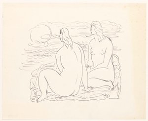 Twee naakte vrouwen aan het strand