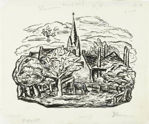 Zonder titel (Gezicht op dorp Blaricum met grazende koe) door Leo Gestel
