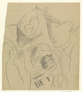 Vrouw ruikt aan bloemen in een vaas door Leo Gestel