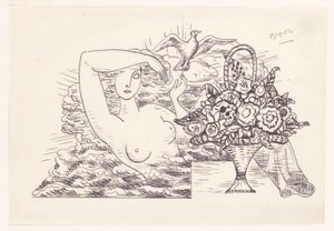 Vrouwelijk naakt in de golven die een vogel los laat, op de voorgrond een mand met bloemen door Leo Gestel