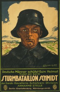 Sturmbataillon Schmidt; Duitse Mannen bescherm Uw Vaderland! 1919 (kleur lithografie) door Leo Impekoven
