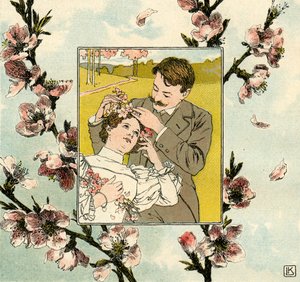 Man zet lentebloesem in het haar van een jonge vrouw door Leo Kainradl