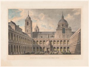Zicht op de Patio de los Evangelistas van het Monasterio de San Lorenzo de El Escorial door Leon Auguste Asselineau