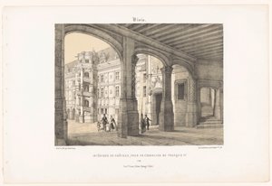 Zicht op het interieur van het kasteel van Blois met de achtkantige traptoren van koning Frans I door Leon Auguste Asselineau