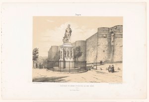 Zicht op het standbeeld van René I van Anjou en het kasteel van Angers door Leon Auguste Asselineau