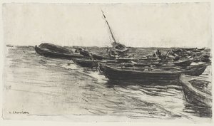 Vissersboten op het Strand bij Étretat door Leon Augustin Lhermitte