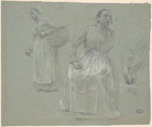 Studie van Twee Vrouwen, Een Zittend en Een met een Mand door Leon Augustin Lhermitte