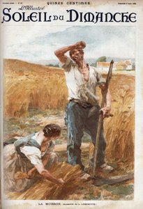 De oogst. Boeren maaien het tarwe op een veld. (gebaseerd op de aquarel van L. Lhermitte) Gravure in Le sun-du-dimanche, 6 augustus