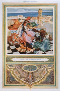 Vrouw die een Shisha (waterpijp) rookt op een terras in Algiers, ca. 1900