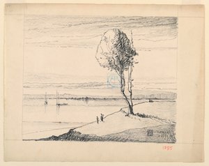 Heuvel en Boom met Zeilboten in de Verte door Leon Dabo
