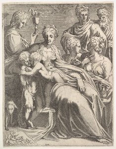 Maagd en kind met heiligen, ca. 1550-56 door Leon Davent