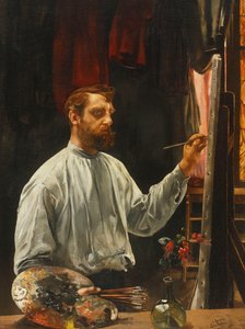 Portret van Leon Frederic, staand half lengte bij zijn ezel, 1900
