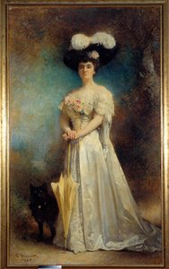 Portret van Madame Maurice Pascal en haar hond Tiny door Leon Joseph Florentin Bonnat
