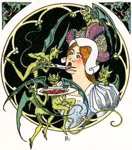 Duivels beitelen de tong van een vrouw uit door Leon Lebegue