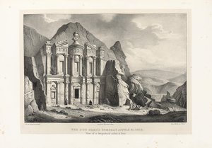 Uitzicht op een groot graf genaamd El Deir, Petra, 1830 door Leon de Laborde